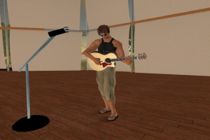 Ein Cartoon-Mann steht und spielt eine Gitarre vor einem Mikrofon auf einem Ständer.