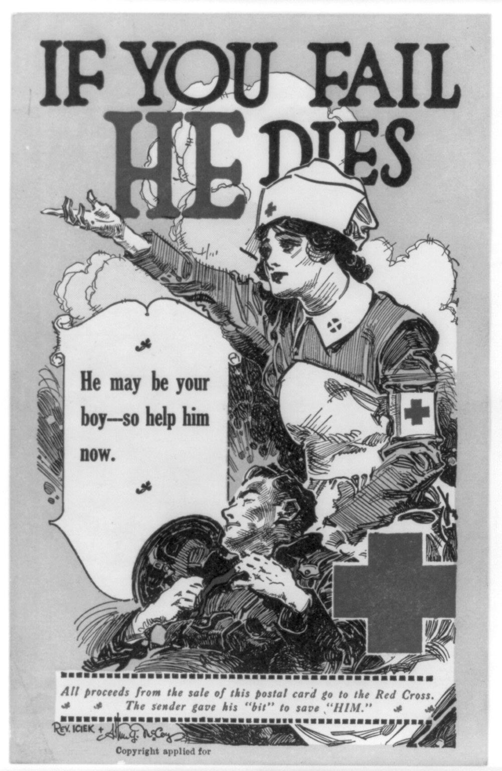 Schwarzes und weißes Plakat mit einer entschlossenen Frau und einem besorgten Mann mit Text, der Unterstützung für "deinen Jungen" fordert.