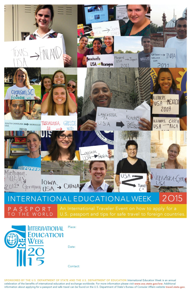 Plakat zur Internationalen Bildungswoche 2015 mit einer Gruppe strahlender Menschen, die Schilder mit text halten.