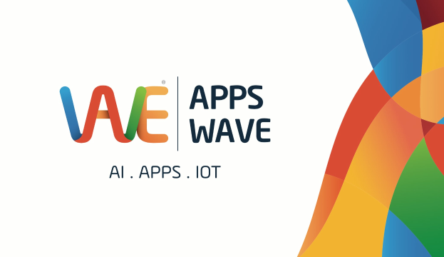 Farbenfrohes Design mit dem Text "AI, Apps, IoT" auf einem weißen Hintergrund.
