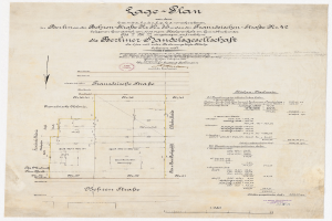 Ein altes Dokument mit einer Karte des Berliner Handelagellachaft-Gebäudes, mit Text und einem Stempel auf der linken Seite.