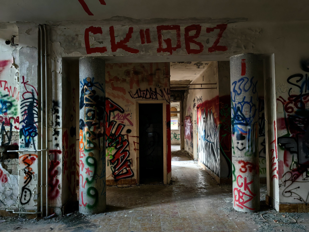 Verlassenes Gebäude mit graffiti-bedeckten Wänden, sichtbarer Boden, freiliegenden Rohren und einer Tür im Hintergrund, das die Stadtverfallenheit zeigt.