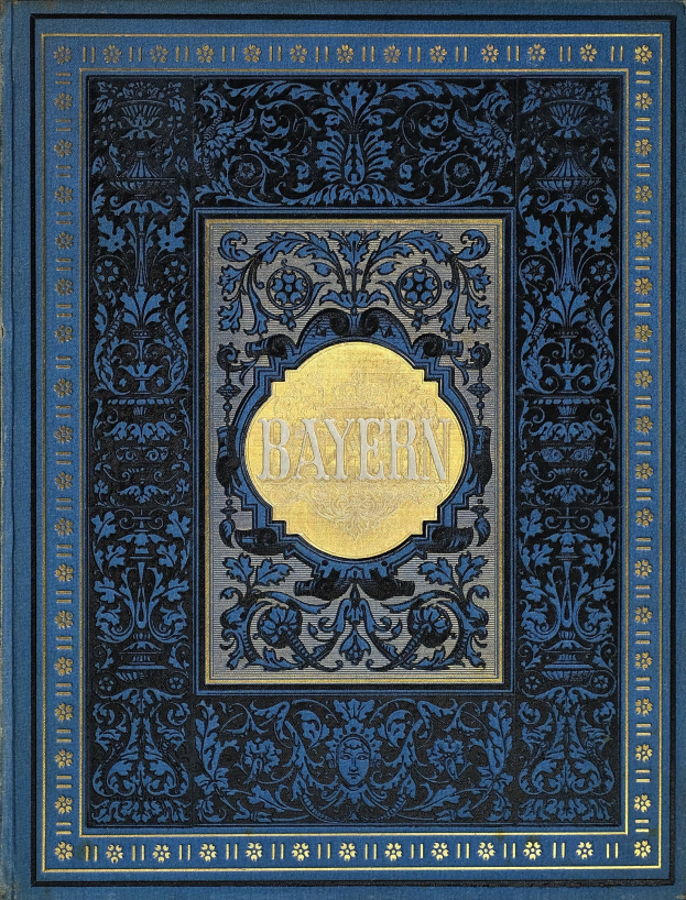 Ein blau-goldenes Buch mit dem Wort 'Bayern' auf einem kunstvoll gestalteten Cover.