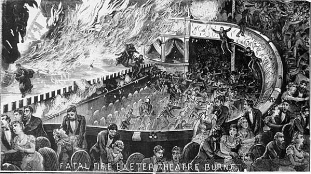 Schwarze und weiße Illustration von panischen Theaterbesuchern in einem brennenden Gebäude, mit Rauch, der aus dem Theater aufsteigt und der Unterschrift 'Tödlicher Brand Exeter Theatre' am unteren Rand.