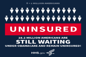 Ein Plakat mit dem Text "28,2 Millionen Amerikaner warten noch unter Obamacare und sind unversichert" und einem Logo unten.