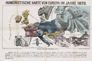 Ein Plakat mit der Aufschrift "Humoristische Karte von Europa im Jahre 1870" zeigt eine Karte von Europa umgeben von Karikaturen und Text.