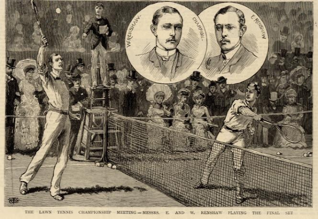 Schwarz-weiß-Zeichnung von zwei Männern beim Tennis-Spiel in einem Endspiel, mit Zuschauern im Hintergrund und Text unten mit der Aufschrift "The Lawn Tennis Championship Meeting - Messers, E und W Renshaw im Endspiel."