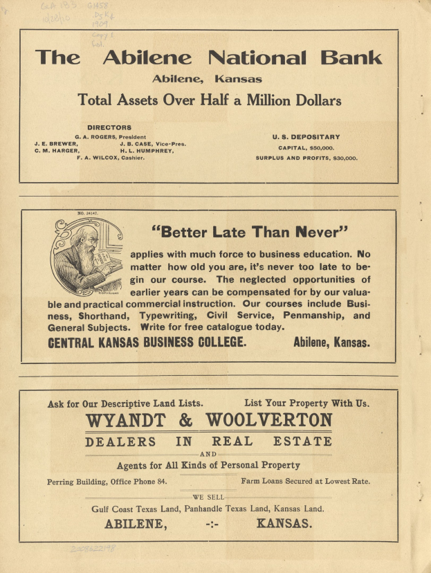 Schwarze und weiße Zeitungsanzeige für die Abilene National Bank mit einem zentralen Porträt und umgebendem Text, der die Dienstleistungen beschreibt.