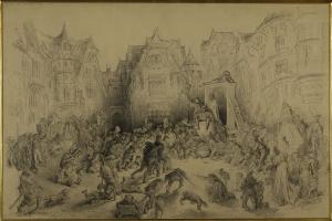 Ein gerahmtes Bild einer belebten Stadtstraße mit Menschen, die stehen und sitzen, und im Hintergrund Gebäude.