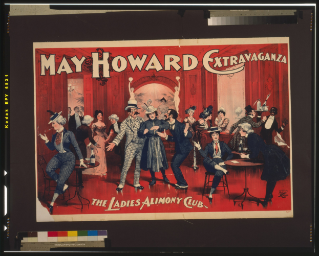 Ein Plakat für die May Howard Extravaganza im Ladies Alimony Club, das eine Gruppe von Menschen an Tischen zeigt.