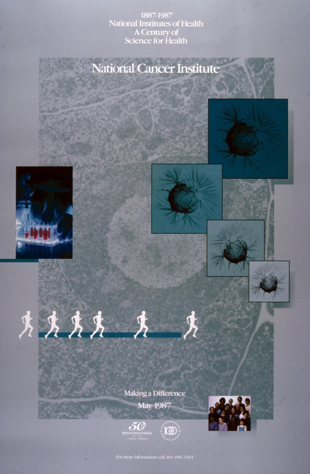 Buntes Plakat für das National Cancer Institute mit blauem Hintergrund und weißer Schrift, das einen Kreis aus überlappenden Bildern von lächelnden Menschen verschiedenen Alters, Geschlechts und Ethniums zeigt, die den fetten, großgeschriebenen Titel umgeben.