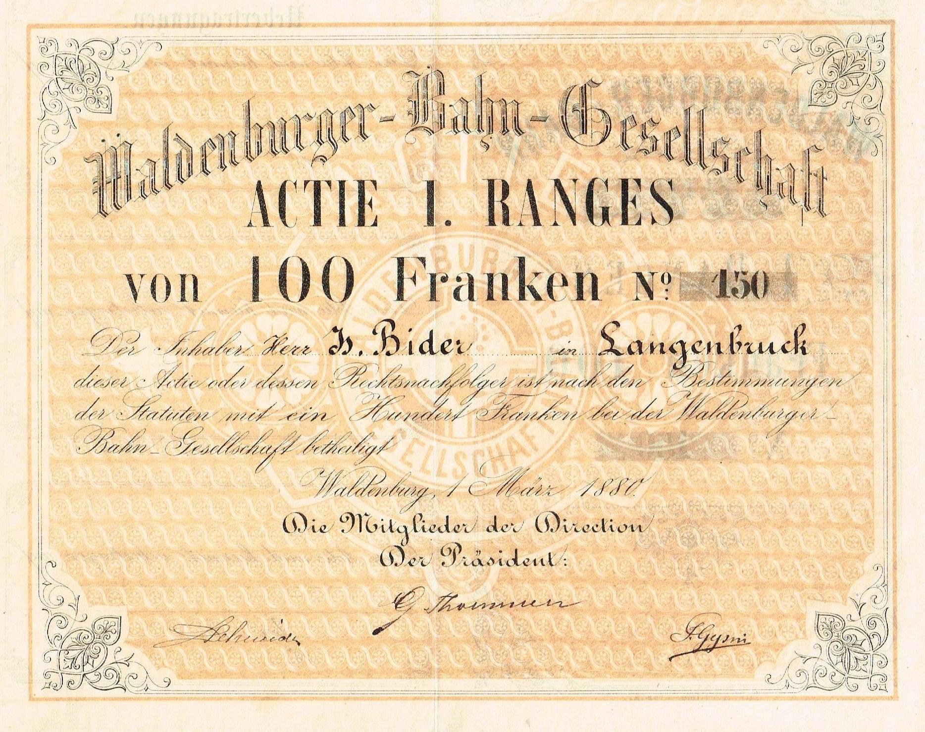 Alte deutsche Banknote mit Porträt eines Mannes, mit Text 'Haldenburger-Balm Gesellschaft Actie 1 Ranges'