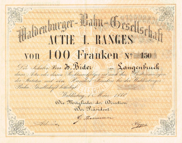 Alte deutsche Banknote mit Porträt eines Mannes, mit Text 'Haldenburger-Balm Gesellschaft Actie 1 Ranges'
