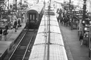 Ein überfüllter Bahnsteig mit mehreren Zügen auf den Gleisen und vielen Menschen auf dem Bahnsteig.
