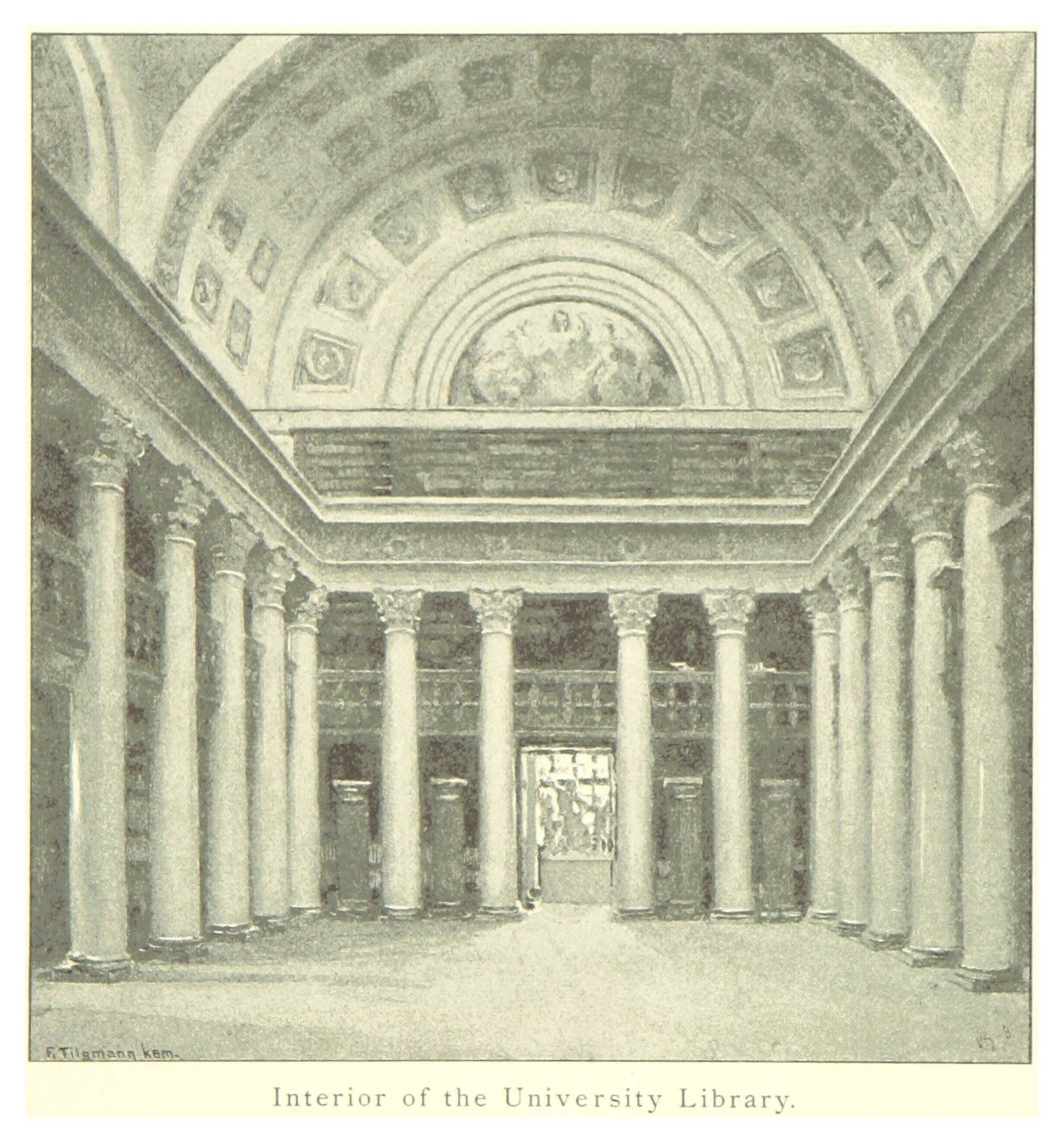 Innenraum einer prächtigen Universitätsbibliothek mit hohen Säulen und detaillierten Deckenentwürfen, mit Text am unteren Rand, der das Ästhetische ergänzt.