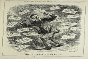 Ein Mann im Anzug und Krawatte hält ein Schild mit der Aufschrift 'Der Wähler-Albtraum' und blickt entschlossen, strahlend und selbstbewusst.