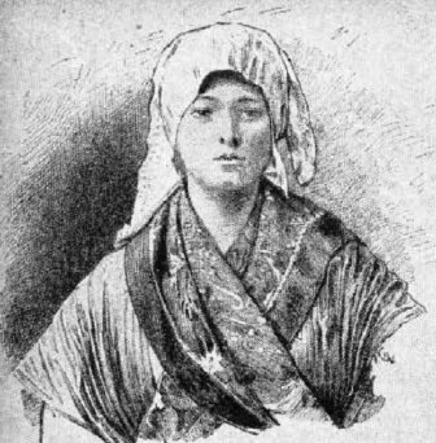 Schwarze und weiße Zeichnung einer Frau mit Kopftuch, die ernst schaut, mit einem ordentlichen Dutt und einem traditionellen Kopftuch mit Schleier.