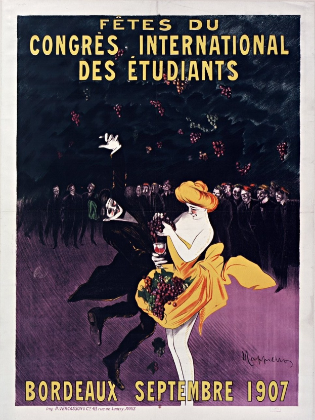 Plakat aus dem Jahr 1907 für eine Weinprobe in Bordeaux, Frankreich, das eine Frau in einem gelben Kleid mit einem Weinglas in der Hand zeigt, umgeben von einer Gruppe von Menschen, mit Text auf dem Plakat.