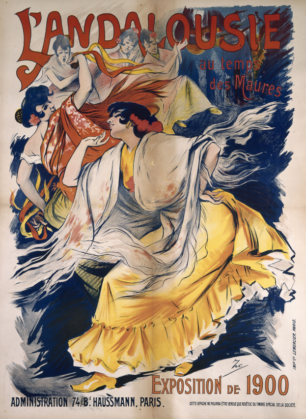 Ein Plakat, das die Landalousie-Ausstellung auf der Weltausstellung 1900 in Paris ankündigt, zeigt ein Gemälde einer Frau in einem gelben Kleid, umgeben von Menschen und Text.