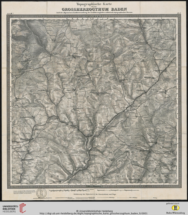 Ein gerahmtes topografisches Kartenbild von Baden-Württemberg, Deutschland, das Geländekonturen, Höhenmeter und geografische Merkmale mit Textlabels zeigt.