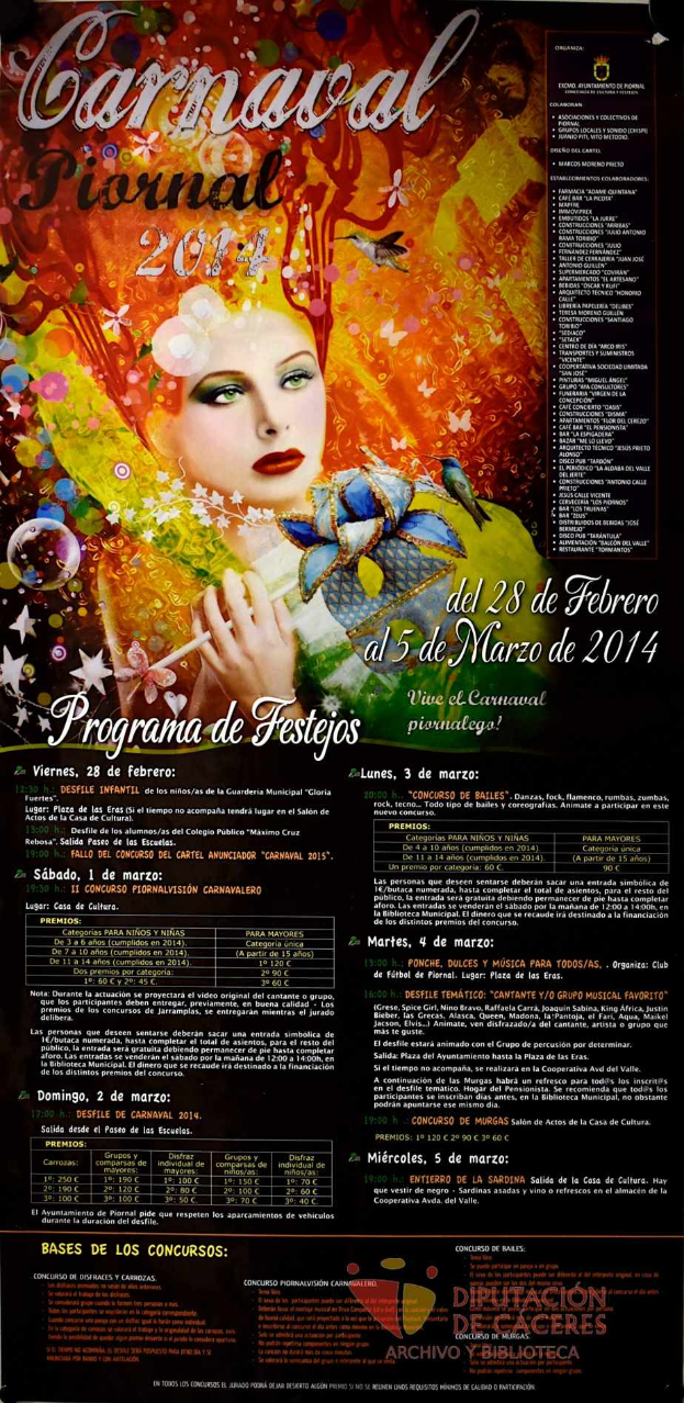 Eine Frau in einem bunten Kleid, die lächelt, umgeben von dem Text "Karnevalsfest 2014" auf einem leuchtend gelben Hintergrund.