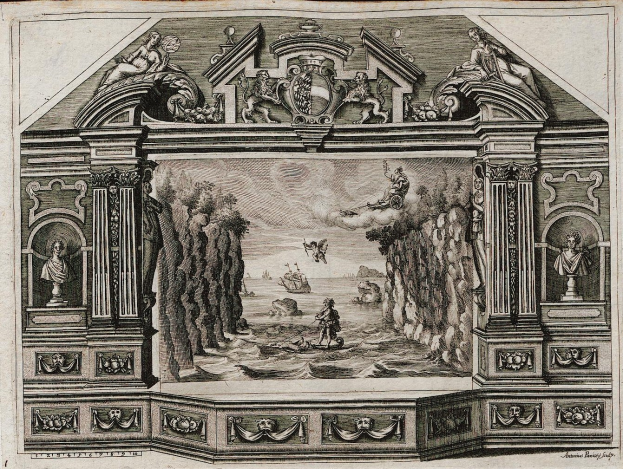 Schwarze und weiße Gravur eines Raums mit einem 16. Jahrhundert-Szenenbild an der Wand, das Statuen, Menschen, Bäume und andere Gegenstände zeigt, mit dekorativem Text unten.