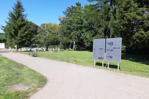 Ein Park mit einem zentralen Weg, Gras, Bäumen, einer Bank im Vordergrund, Informationsschildern, Gräbern im Hintergrund und einem klaren blauen Himmel.