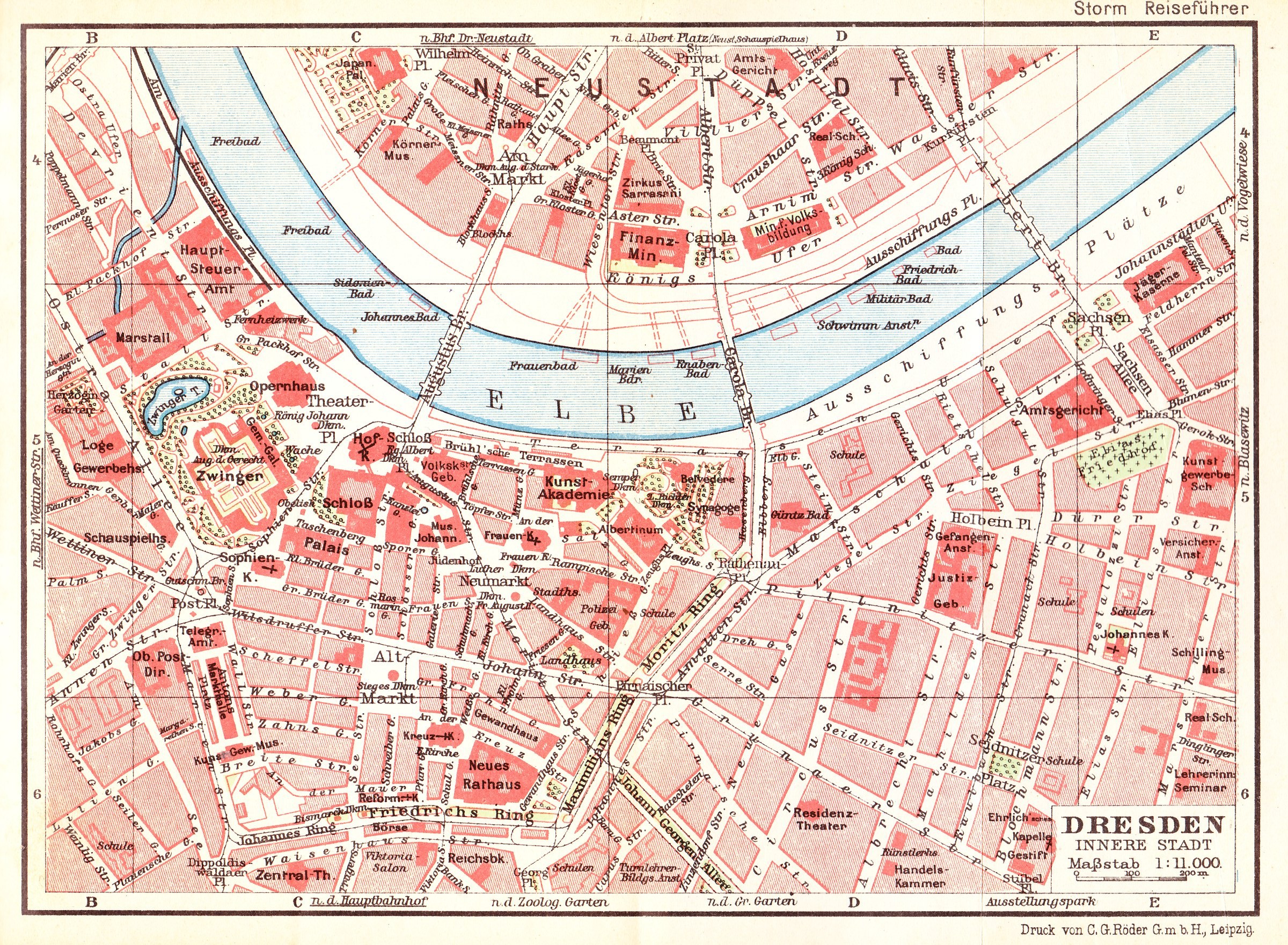 Ein altes Stadtplan von Dresden, Deutschland, das einen Fluss, Gebäude, Straßen und Text zeigt und einen detaillierten Überblick über die Stadt bietet.
