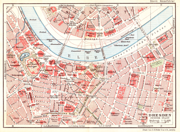 Ein altes Stadtplan von Dresden, Deutschland, das einen Fluss, Gebäude, Straßen und Text zeigt und einen detaillierten Überblick über die Stadt bietet.