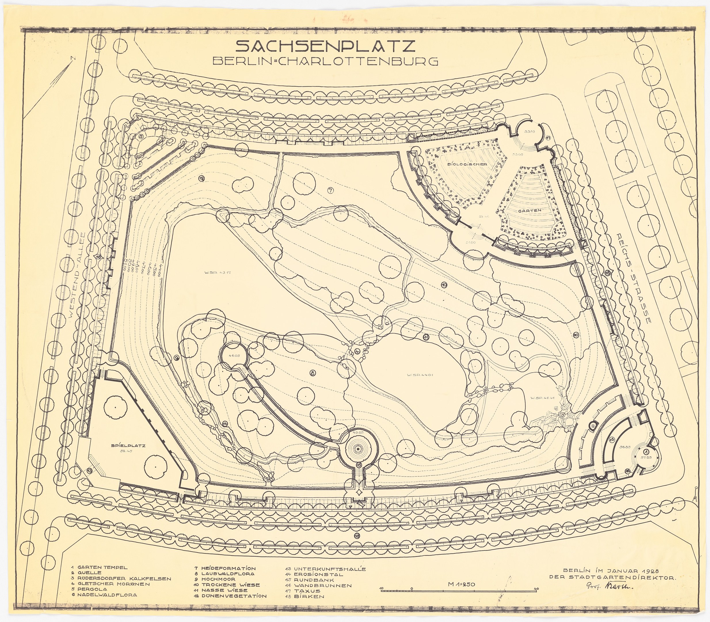 Detailiertes altes Stadtplan von Sachsenplatz-Park in Berlin, Deutschland, mit Textanmerkungen.
