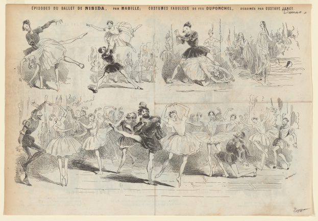 Ein Buchseiten-Ausschnitt mit einer lebendigen Zeichnung einer Gruppe von Menschen, die im Einklang tanzen, begleitet von Texten mit Details zum Datum, Uhrzeit und Ort des Events.