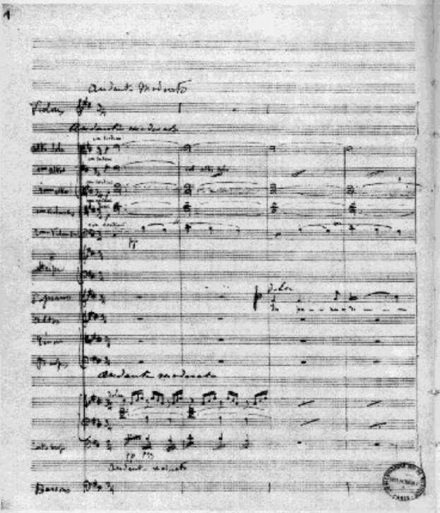 Schwarze und weiße Notenblätter für Johann Sebastian Bachs Symphonie Nr. 4 in G-Dur, Op. 63, mit einem Stempel in der rechten unteren Ecke, der 'Di-Arezzo Co UK' lautet.