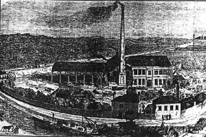 Eine Schwarz-Weiß-Zeichnung einer Fabrik in einem Feld mit Gebäuden, Bäumen und einem Mast im Vordergrund und einem Text unten, der 'The New York State Penitentiary' lautet.