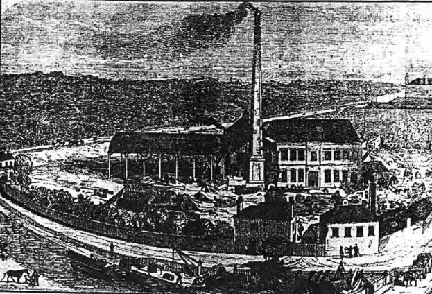 Eine Schwarz-Weiß-Zeichnung einer Fabrik in einem Feld mit Gebäuden, Bäumen und einem Mast im Vordergrund und einem Text unten, der 'The New York State Penitentiary' lautet.