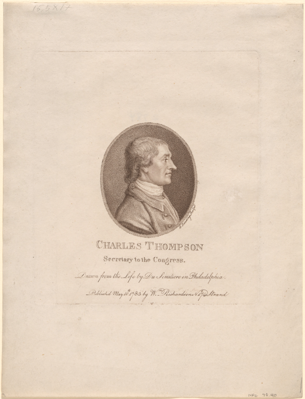 Ein Porträt von Charles Thompson, Sekretär des Kongresses, gezeichnet nach dem Leben des Präsidenten der Vereinigten Staaten auf einem Blatt Papier mit Text.