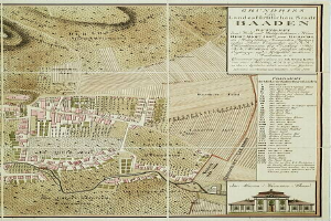 Ein detaillierter alter Stadtplan von Baden-Württemberg, Deutschland, der Straßen, Gebäude und Sehenswürdigkeiten zeigt, mit einem Gebäude in der rechten unteren Ecke und einem Text, der städtische Informationen bereitstellt.