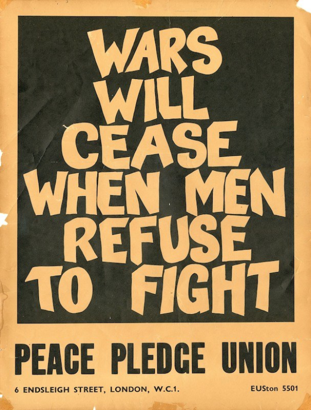 Fetter schwarzer Text auf weißem Hintergrund liest "Kriege werden aufhören, wenn Männer sich weigern zu kämpfen", ein Aufruf zum Handeln gegen den Krieg und für Frieden.