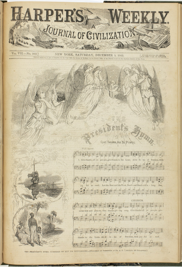 Offenes Buch mit dem Titel "Harper's Weekly Journal of Civilization" mit einer Zeichnung einer vielseitigen Gruppe von Menschen und Begleittext und -illustrationen.