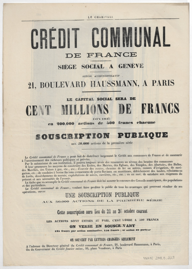 Gelblicher alter Zeitungsartikel mit "Credit Communal de France" in fetter schwarzer Schrift.