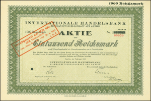 Internationaler Handelsbank-Aktienzertifikat mit rotem Stempel und Text zur Aktiennennung.