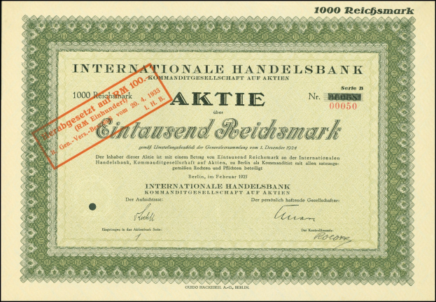Internationaler Handelsbank-Aktienzertifikat mit rotem Stempel und Text zur Aktiennennung.