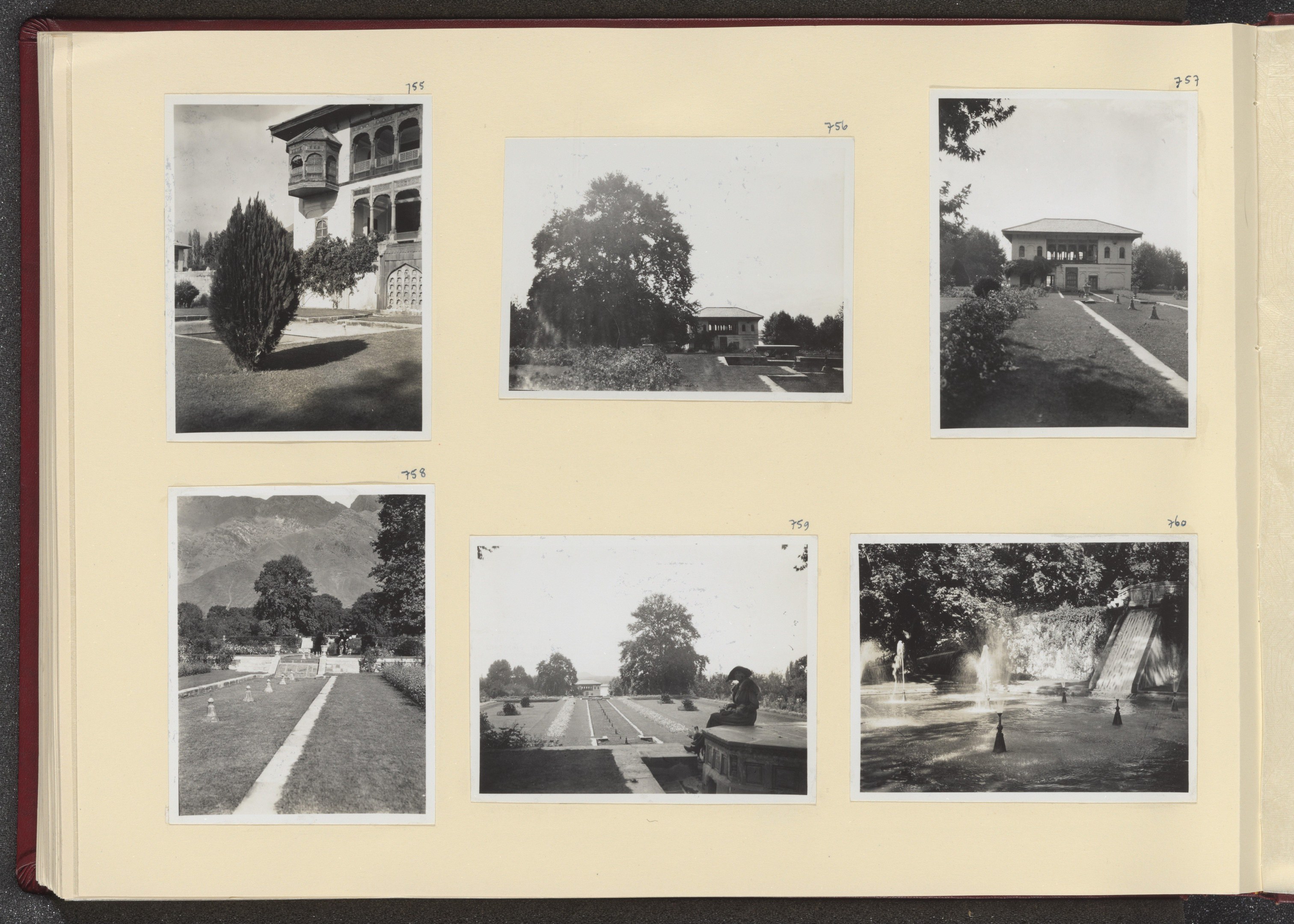 Ein aufgeschlagenes Buch mit einer Collage aus Schwarz-Weiß-Fotografien, die Bäume in der Mitte zeigen und von Bildern von Gebäuden und einem Brunnen umgeben sind.