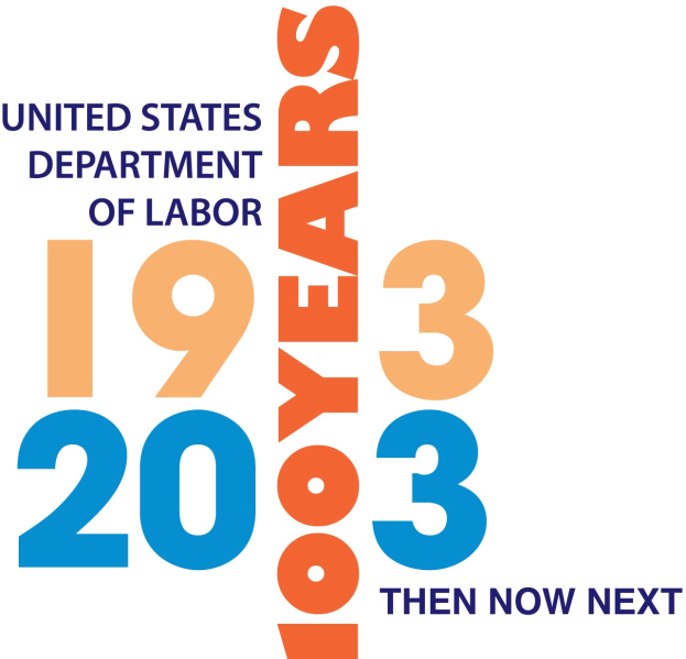 Das Logo des United States Department of Labor mit einem blauen Kreis mit einem weißen Stern, einem weißen Rand und der schwarzen Schrift '1933 then now next' darunter.