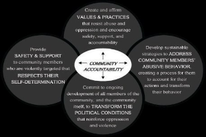 Diagramm, das "Gemeinschaftsverantwortung" in der Mitte von drei überlappenden Kreisen zeigt, die durch Pfeile verbunden sind, mit fetter Schrift und leuchtenden Farben.