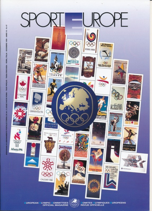 Ein Buchumschlag mit dem Titel "Sport in Europa" in leuchtenden Farben und detaillierten Designs, der verschiedene Olympische Symbole und Bilder zeigt, die mit den Olympischen Spielen in Europa in Verbindung stehen.