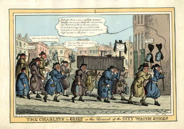 Ein Cartoon auf Papier, der eine Gruppe von Menschen zeigt, die eine Straße entlanggehen, einige halten Gegenstände, im Hintergrund sind Gebäude und Himmel zu sehen, und unten steht der Text "Die Charlies in Trauer oder das Begräbnis der Stadtwache-Kästen."