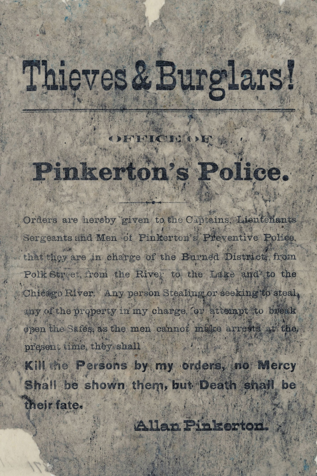 Ein Plakat mit "Diebe & Einbrecher Pinkertons Polizei" in fetter schwarzer Schrift auf einem weißen Hintergrund, eingerahmt von einem schmalen schwarzen Rand.