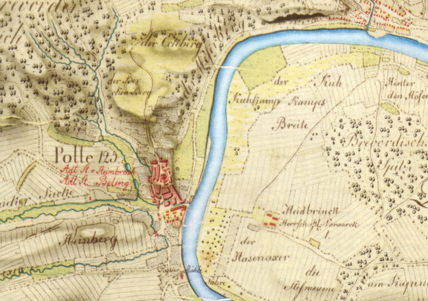 Detaillierte alte Karte von Polle, Deutschland, mit einem Fluss, Straße und Gebäude markiert.