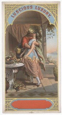 Ein Mann und eine Frau umarmen und küssen sich vor einem Tisch voller Früchte, mit einer Säule, einem Vorhang und Himmel im Hintergrund und den Worten "Lüsterne Luxus" oben und unten.