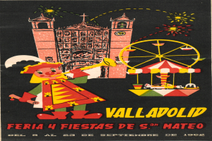 Ein buntes Karnevalsposter mit einem Gebäude, einem Riesenrad, einem Spielzeug und Text, das ein festliches Ereignis in Valladolid, Spanien, ankündigt.